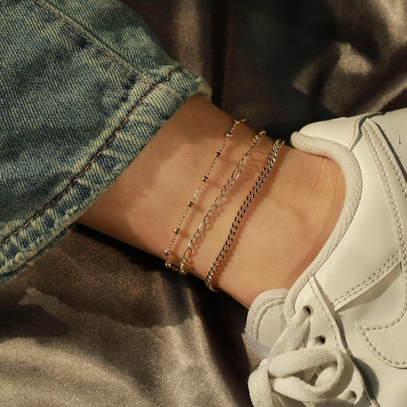 MIDEEO Gold/Silver Ankle Bracelets for Women,14K Gold Anklets for Women Waterproof Cuban Link Heart Beads Herringbone Rhinestone Anklets Set Layered Anklet Bracelets for Women Gold Jewelry Gift - Image 4